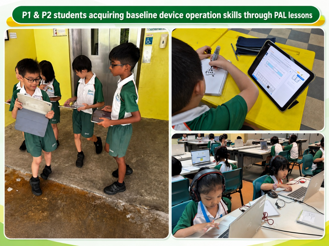 Students developing digital skills through tablet and computer activities.